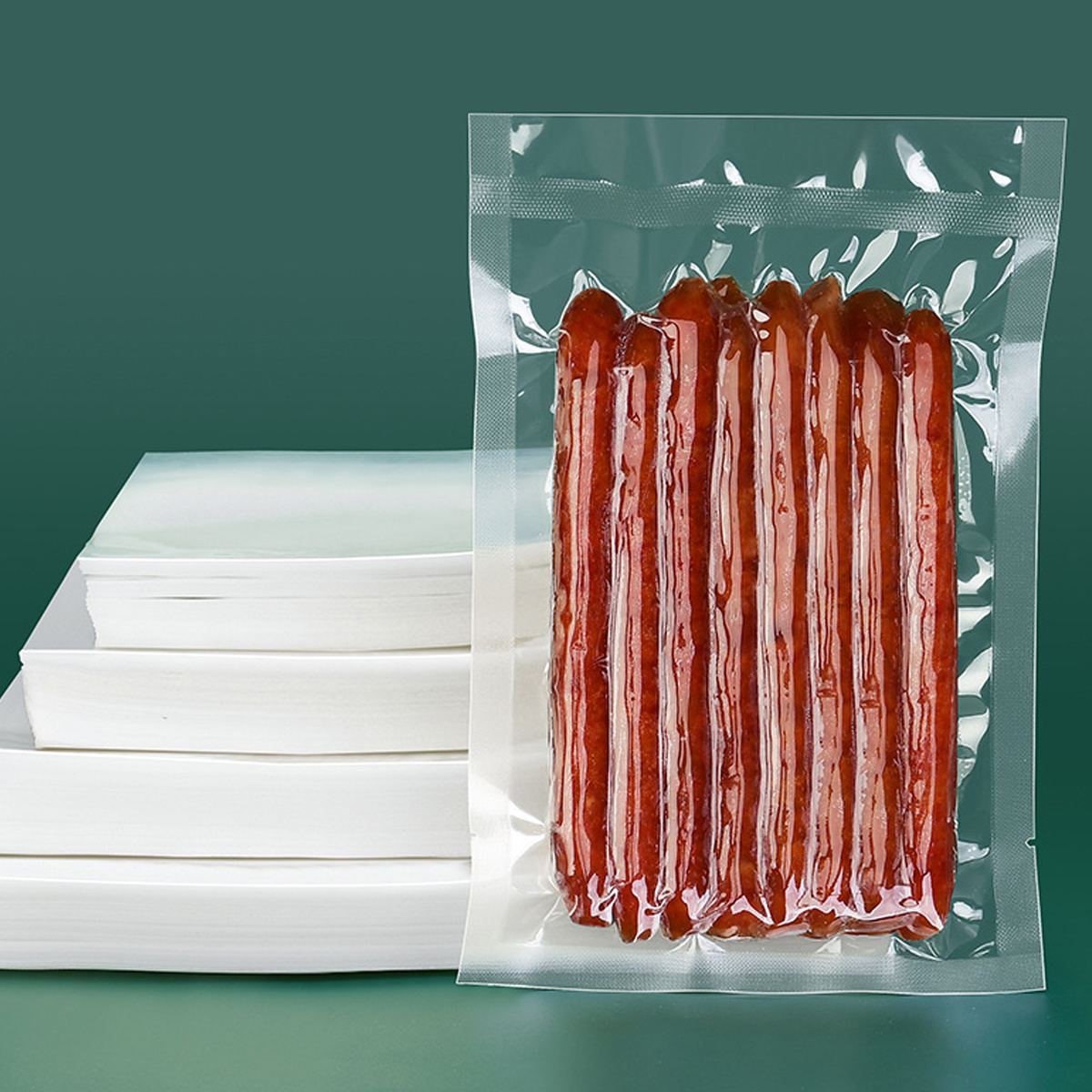 If your food has frozen requirements, you can choose this product.
PET has excellent physical and chemical properties, dimensional stability, transparency, and recyclability. It can be widely used in magnetic recording, photosensitive materials, electronics, electrical insulation, industrial films, packaging decoration, screen protection, optical grade mirror surface protection, and other fields.
PE - Polyethylene. It is a thermoplastic resin obtained by polymerizing ethylene.  Polyethylene is odorless, non-toxic, feels like wax, has excellent low-temperature resistance (can be used at temperatures as low as -100 to -70°C), good chemical stability, can withstand most acid and alkali erosion (not resistant to acids with oxidative properties). It is insoluble in general solvents at room temperature, has low water absorption, and excellent electrical insulation properties.
Composite material vacuum bags are usually made up of multiple layers of different materials, such as nylon, polyester, polypropylene, etc. These materials are bonded together through adhesives or heat fusion technology to form a cohesive unit.
The advantage of composite material vacuum bags lies in their excellent barrier performance, effectively isolating oxygen, moisture, and other external factors, thereby preserving the freshness and quality of the products.
We control the details of our products from the choice of materials to the manufacturing details, such as edge banding tear notches. Customers can customize printed models or different sizes of products according to their own product needs.
We offer the best options for the tightness and thickness of the product to keep food fresher and long time storage.