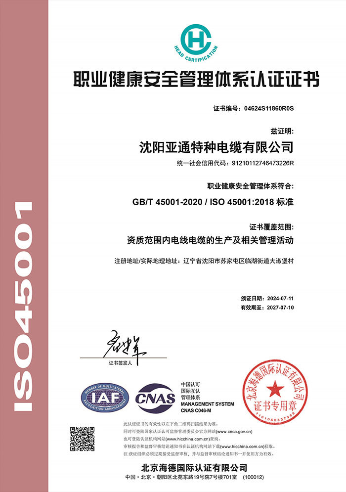 職業(yè)健康安全管理體系認證證書