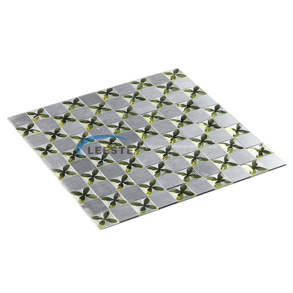 Glass mosaic Shinny square  leaf Pattern Silver Mixed metal and glass mosaic