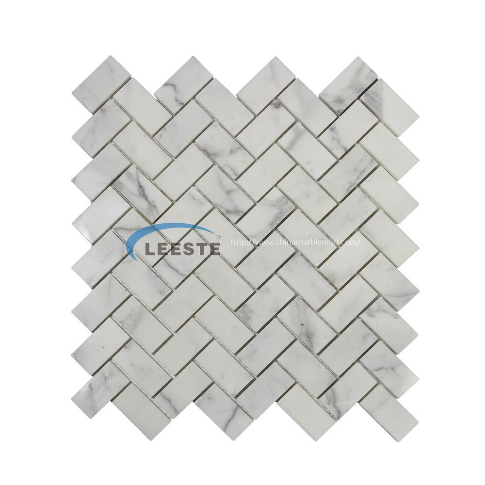 Calacatta White Polished Marble Hurringbone Design Marble Mosaic Tiles