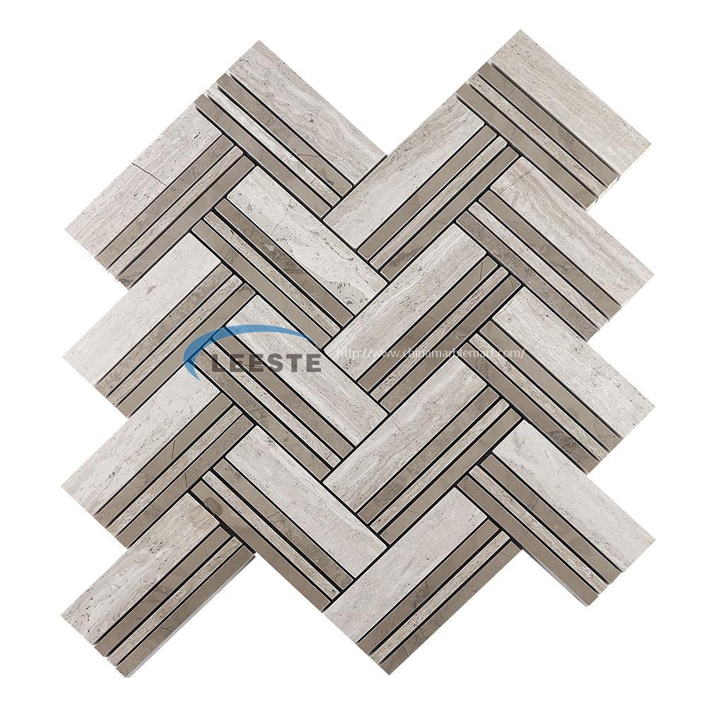White oak blend herringbone marble mosaic tile