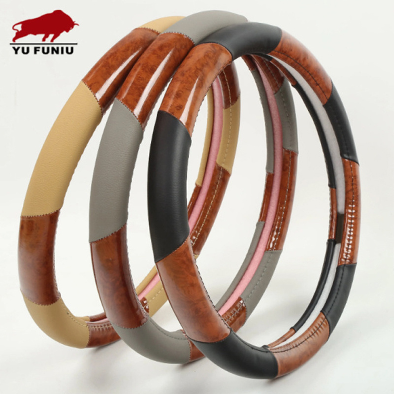 Popular 35-44cm Business Universal Wholesale wooden leather with PVC Leather Steering Wheel Cover