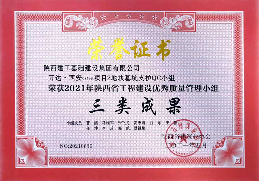 三等獎(萬達(dá)·西安one項目2地塊基坑支護(hù)QC小組) 三等獎(萬達(dá)·西安one項目2地塊基坑支護(hù)QC小組)
