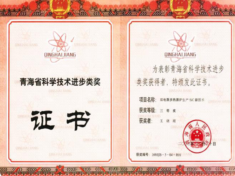 Qinghai Science and Technology Progress Award Certificate