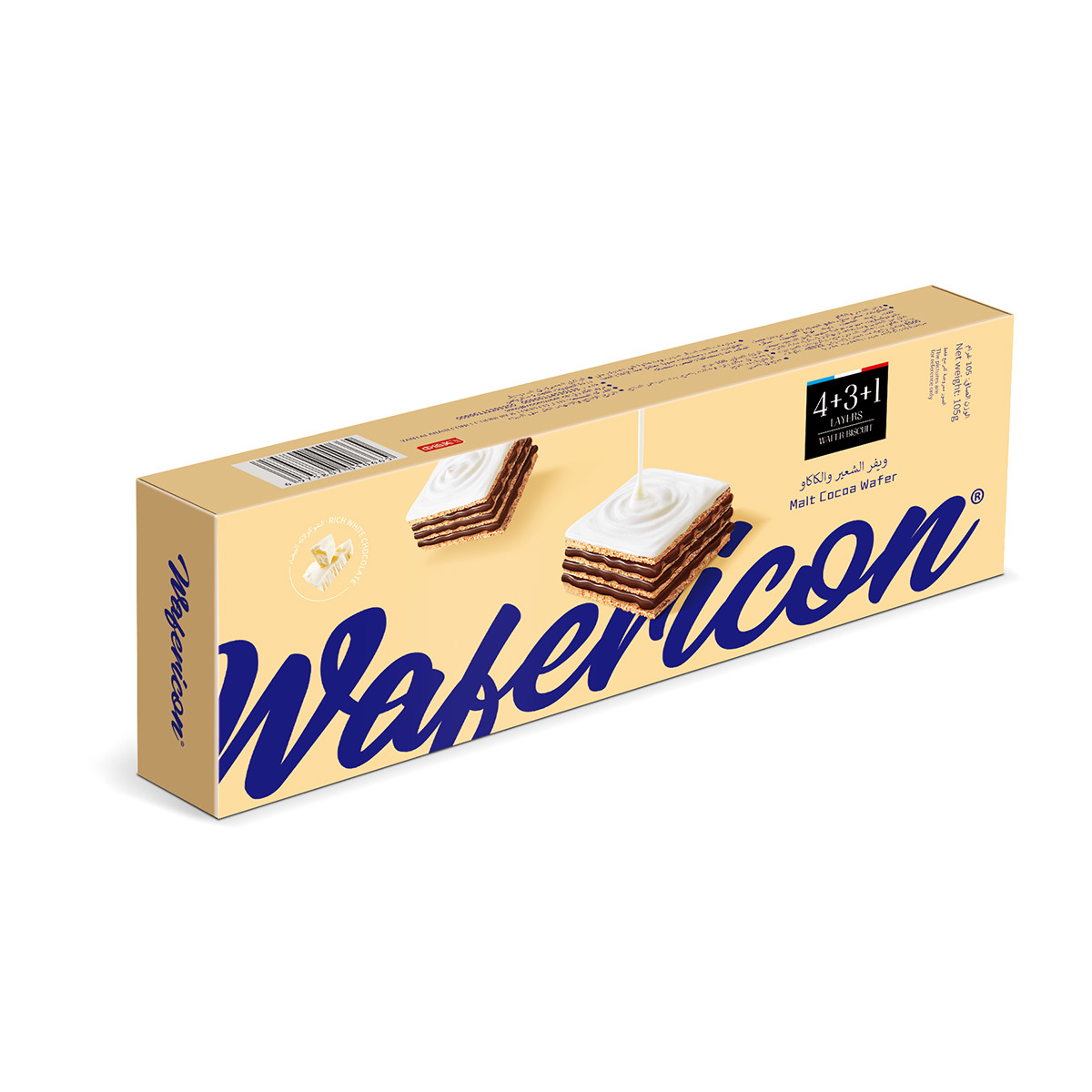 105g box of white chocolate wafers, malt cocoa flavor