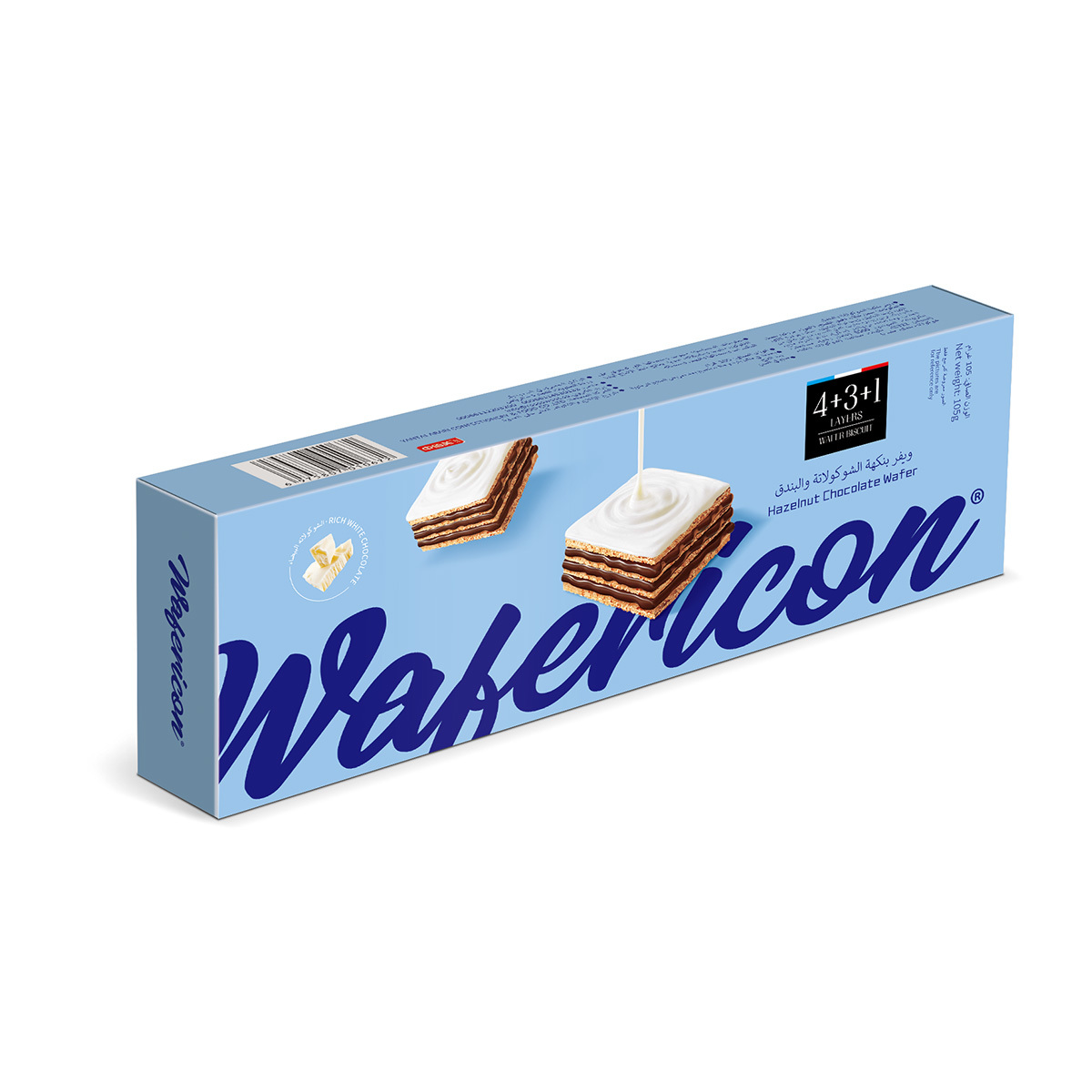 105g box of white chocolate wafers, hazelnut chocolate flavor