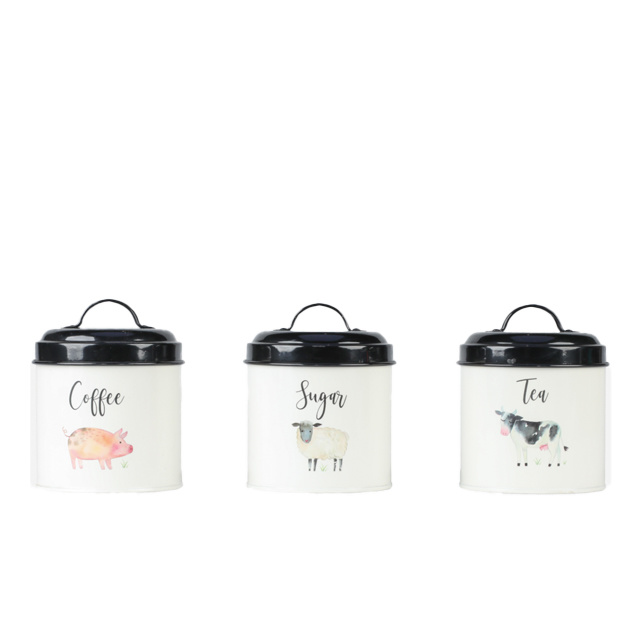 Customized Metal Kitchen Canister With Lid Black Color Kitchen Storage Sugar Coffee Tea Storage