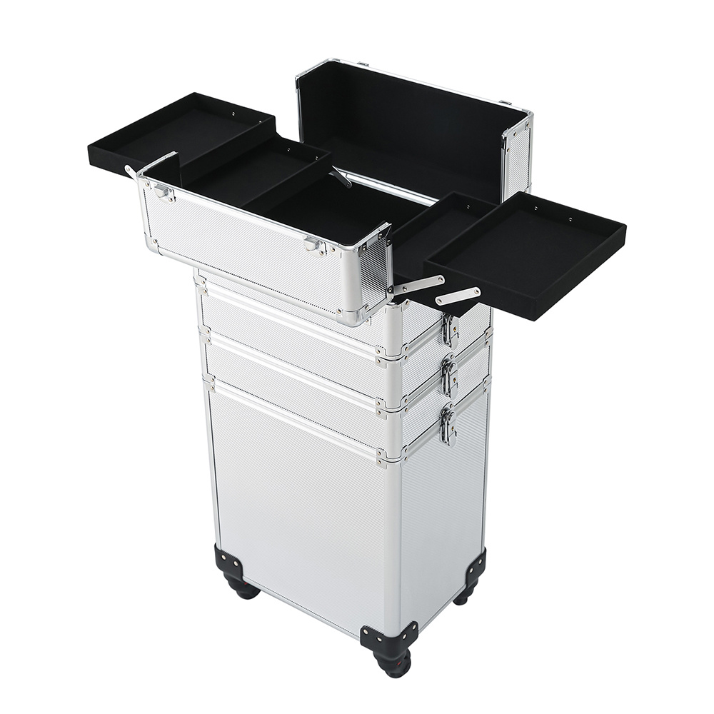 4-in-1 Draw-bar Style Interchangeable Aluminum Rolling Makeup Case Silver