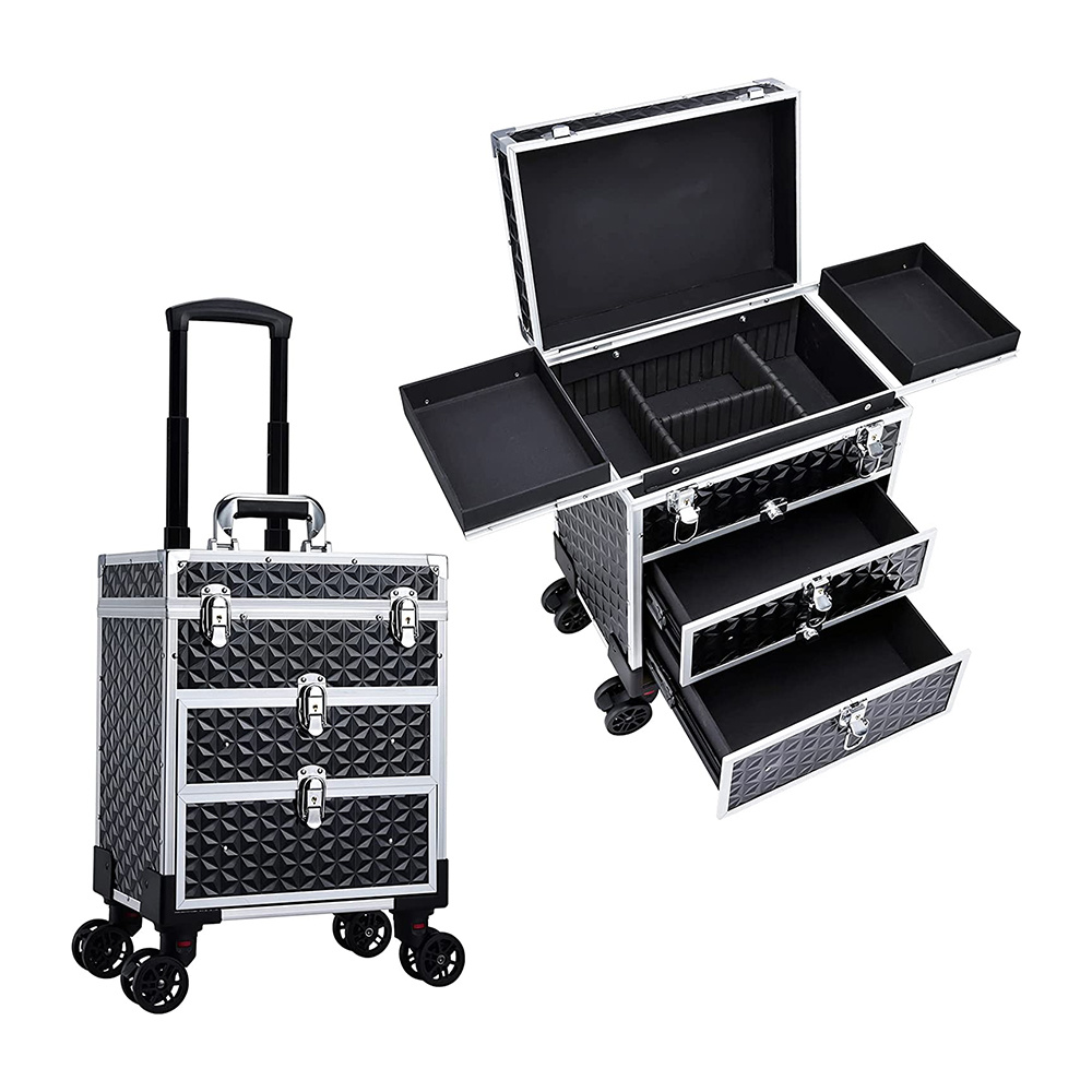 Black Rolling Makeup Case Wheeled Cosmetic Organizer Large Rolling Manicure Case.