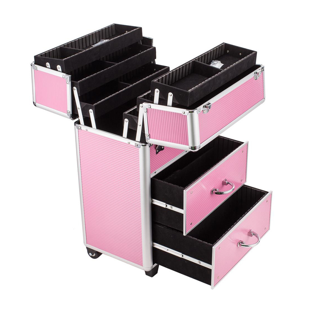 Rolling Aluminum Makeup Case, Lockable Cosmetic Train Box Storage Trolley, Pink