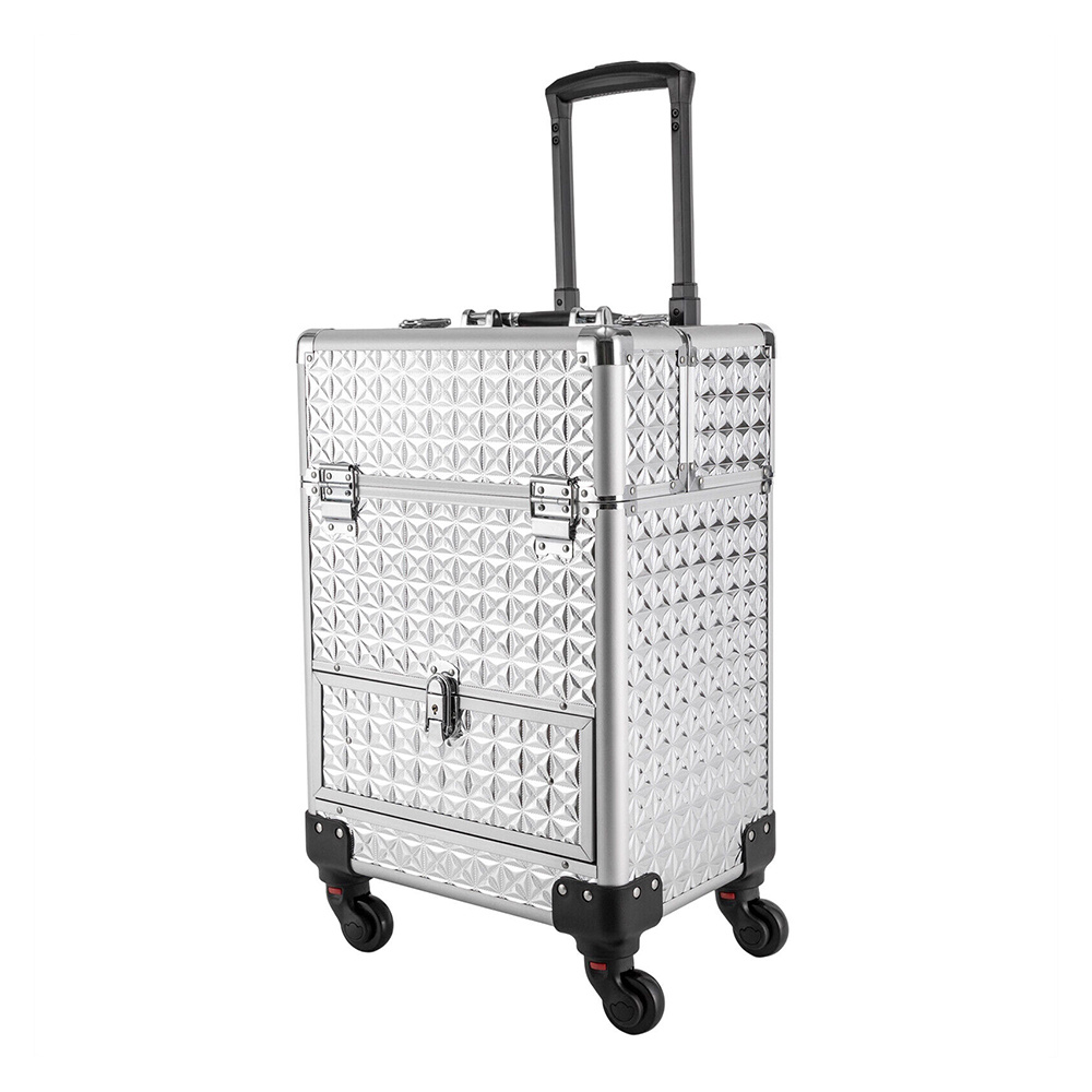 Professional Rolling Makeup Train Case Cosmetic Trolley Organizer with 4 Detachable Wheels & 1 Sliding Drawer (Silver)