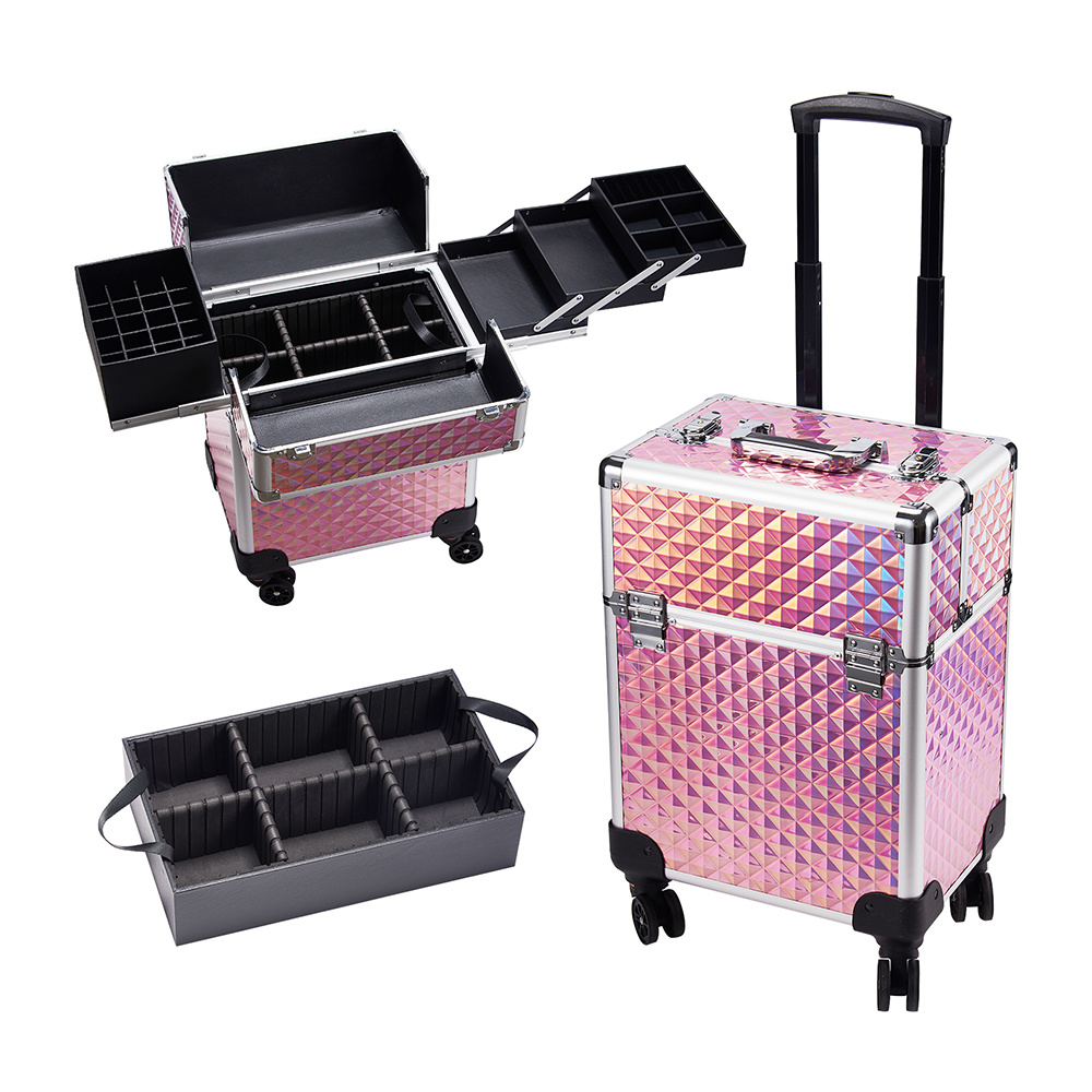Rolling Makeup Train Case Professional Cosmetic Trolley 4 Trays & 1 Cubby with Sliding Rail