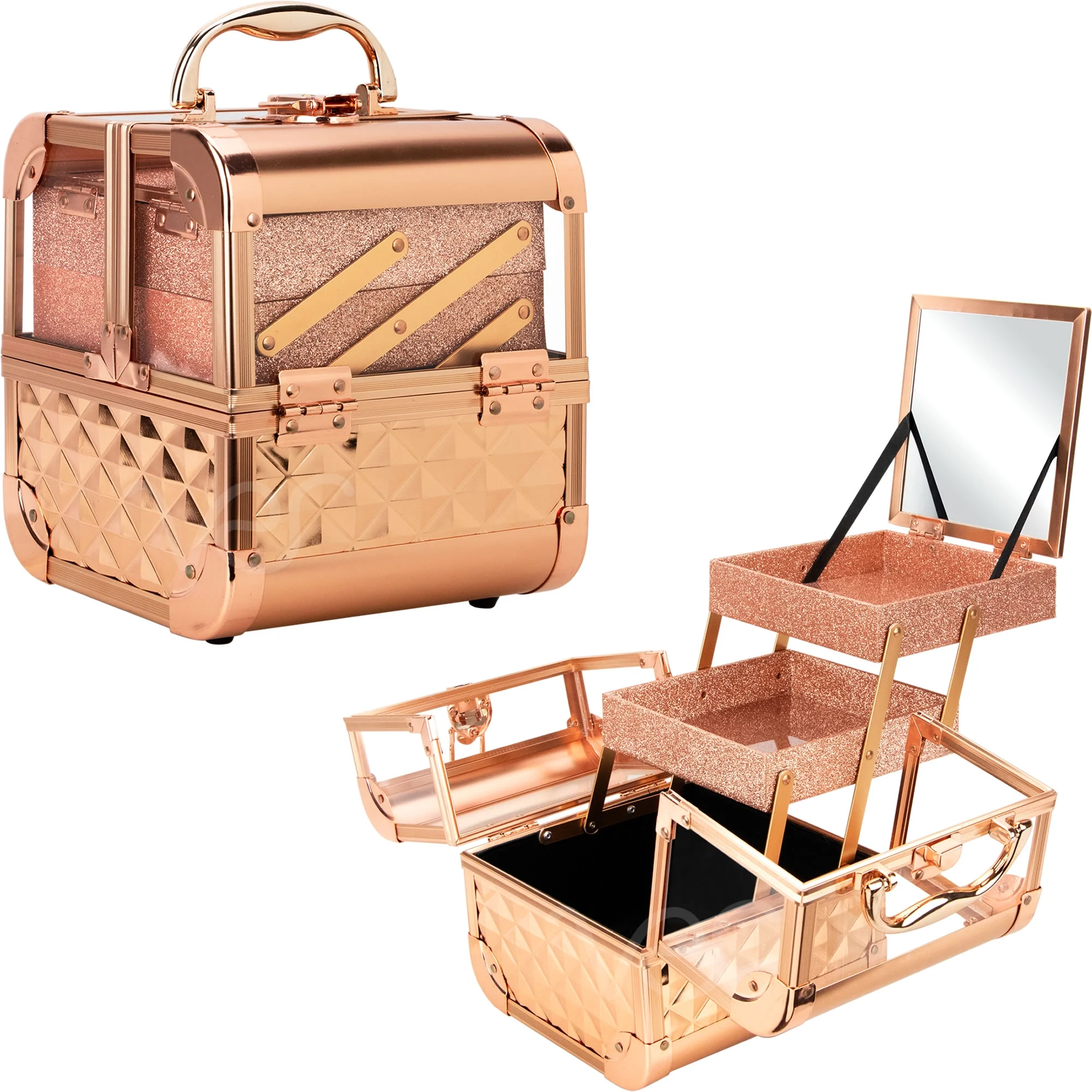 Cosmetic Box 2-Tier Storage Case Lockable Jewelry with Mirror and Keys, Rose Gold