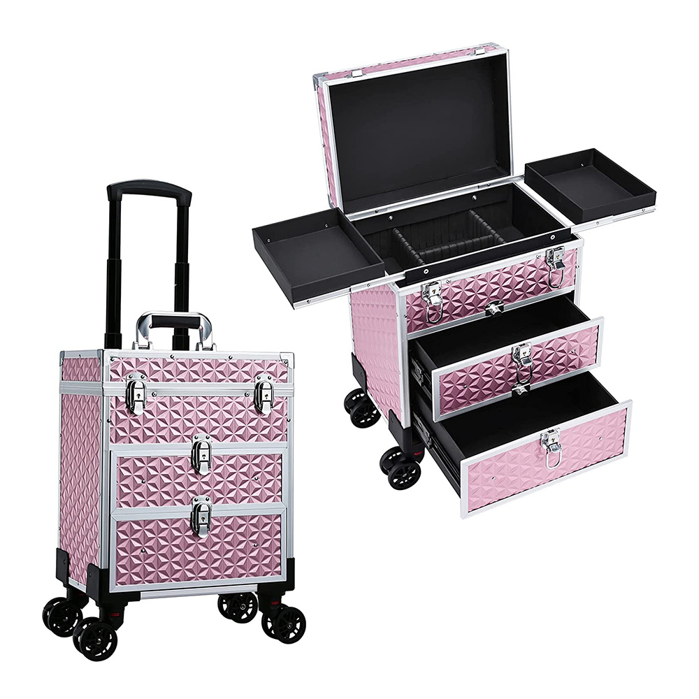 Makeup Case Wheeled Pink Cosmetic Organizer Large Rolling Manicure Case