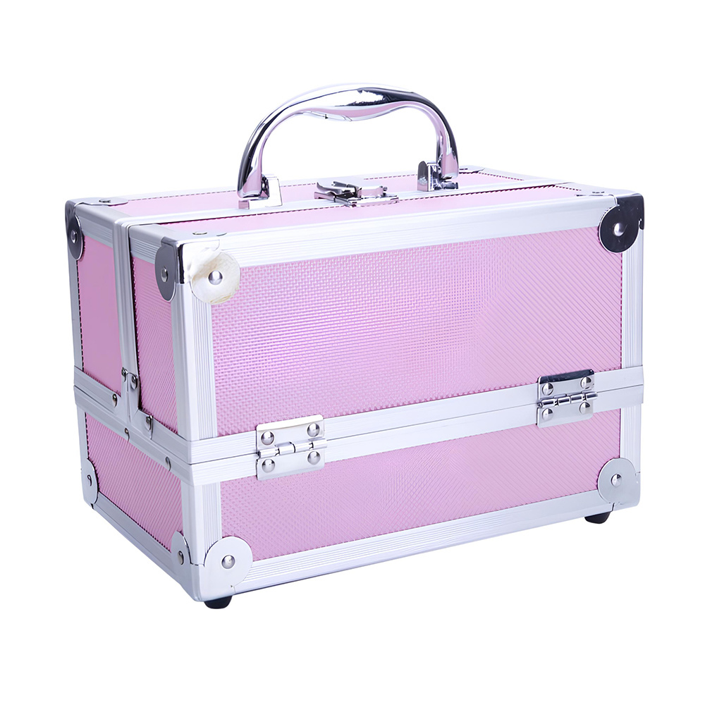 Professional Portable Aluminum Makeup Storage Case Train Case Bag with Mirror Lock Silver Jewelry Box Pink