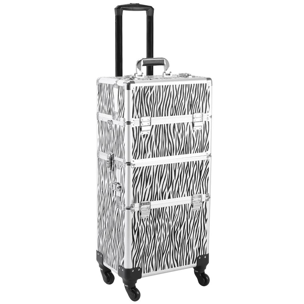 3 in 1 Aluminum Cosmetic Makeup Case Tool Box, White Zebra Print