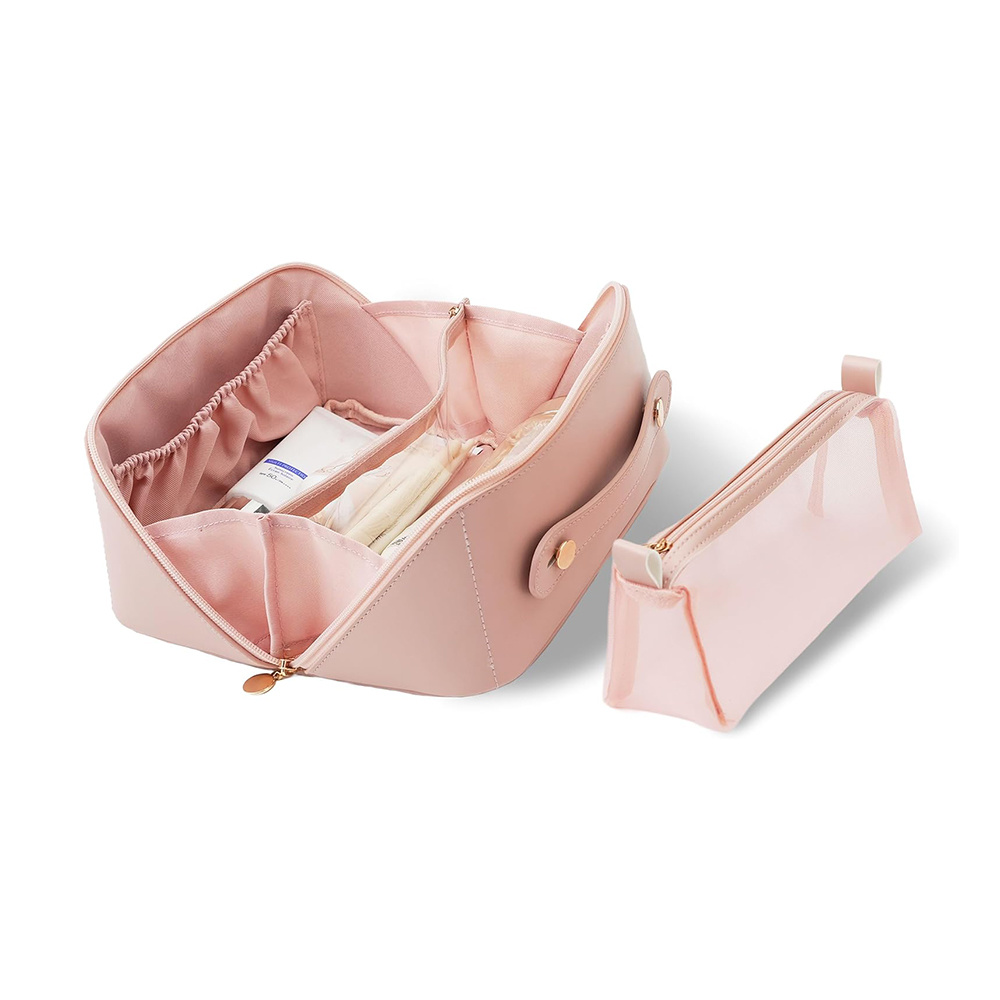 Travel Cosmetic Bag - Upgraded PU Leather Large Capacity Makeup Box with Compartments & Mash Bag