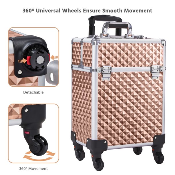 Gold Rolling Makeup Train Case Cosmetic Trolley with Sliding Rail