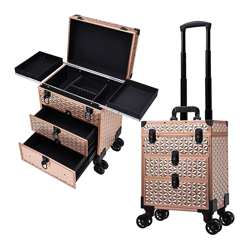 Professional Rolling Makeup Case Aluminum Trolley Train Case