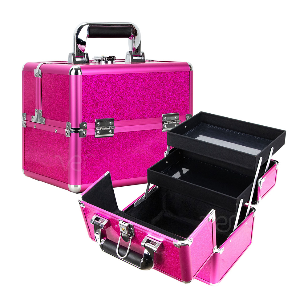 Makeup Organizer Cosmetic Cases for Travel with Two Extendable Trays Bottom Compartment in Magenta Glitter Pattern
