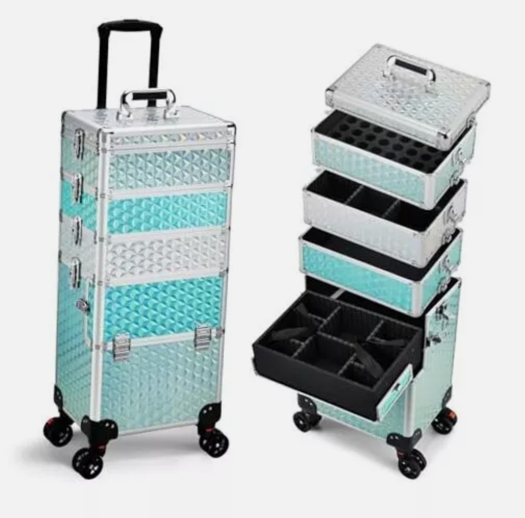 5 in 1 Professional Makeup Train Case on Wheels, Extra Large Cosmetic Case Aluminum Rolling Makeup Case Trolley
