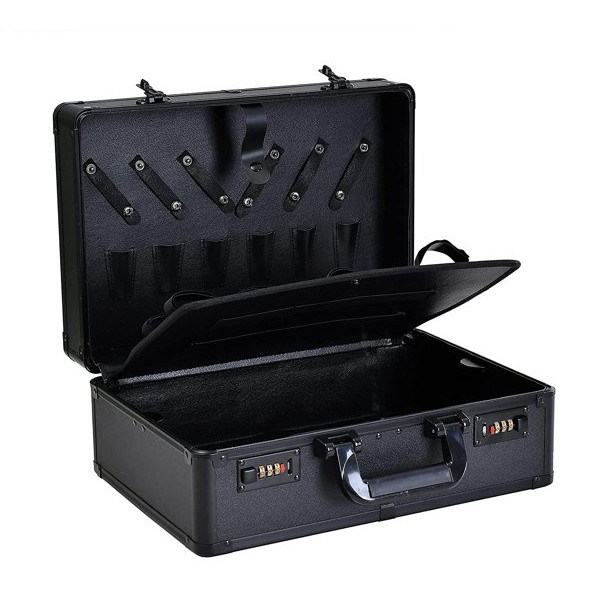 Barber Case Clipper Bag Black, Hair Kit Tool Box Aluminum Organizer with Portable Handle and Secure Numlock for Scissors, Clippers, Barber