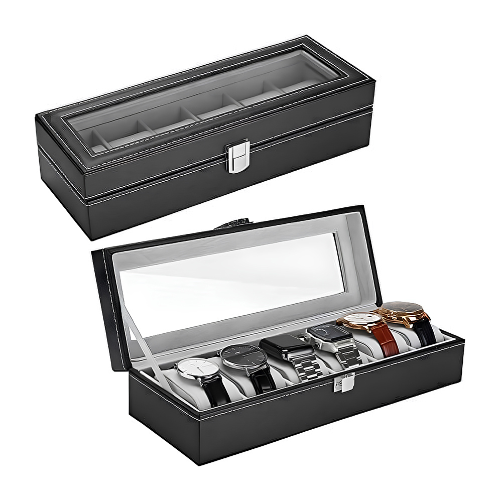 6 Slots Watch Box for Men, Mens Watch Organizer PU Leather Watches Display Case Storage Boxes with Crystal Glass Lid
