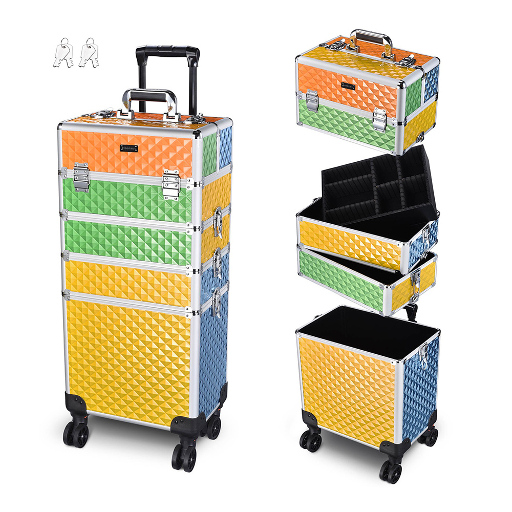 4 in 1 Professional Cosmetic Organizer Large Makeup Train Case Rolling Makeup Trolley Case