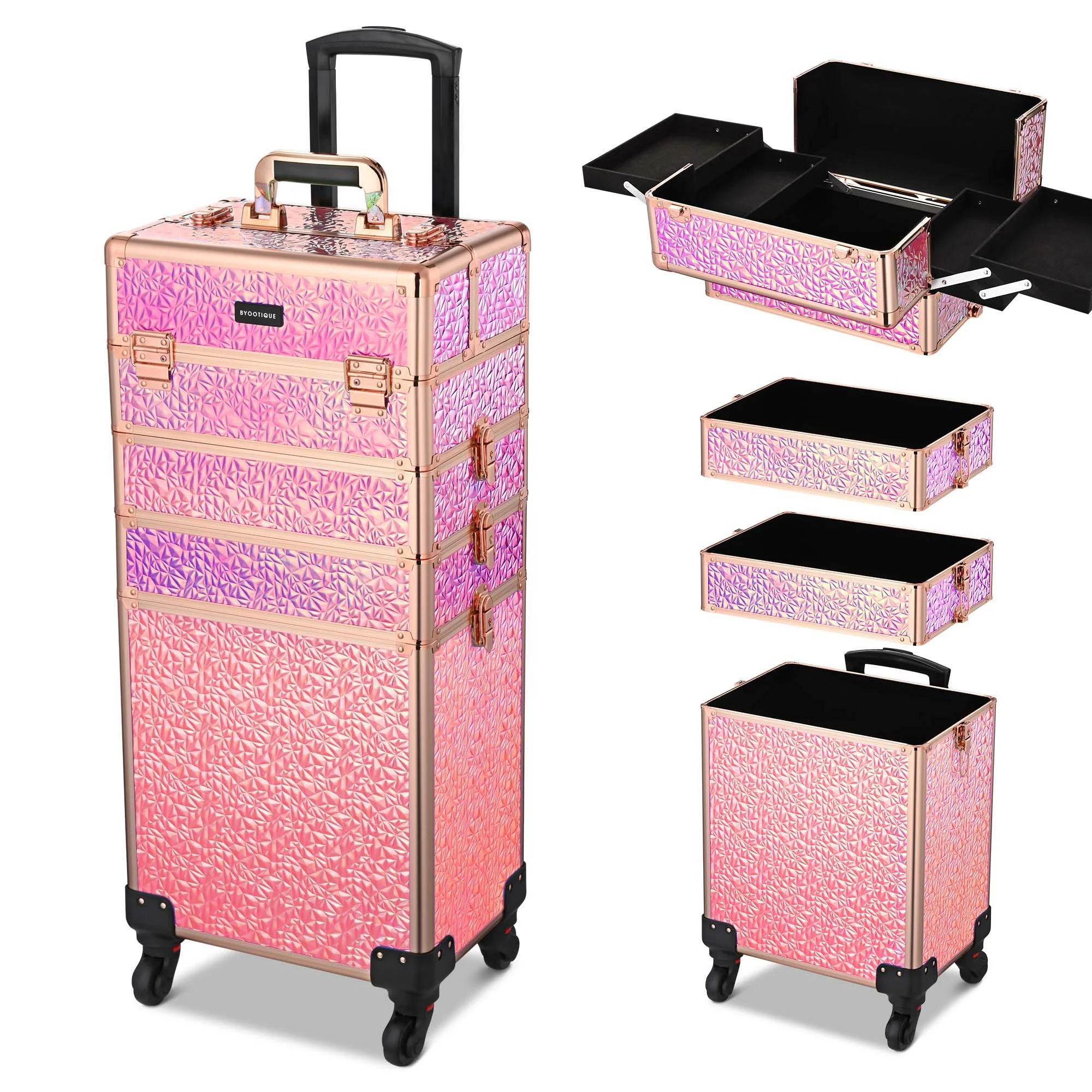 Rolling Makeup Train Case 4in1 Cosmetic Trolley Organizer Travel Case with Detachable Removable Wheels for Makeup Artist, Mermaid Pink