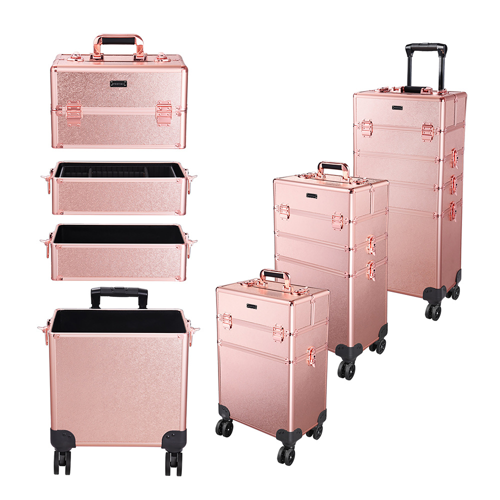 Senrong 4 in 1 Aluminum Rolling Makeup Case on Wheels Artist Cosmetic Train Artist Box Organizer with 8 Lockable Latches