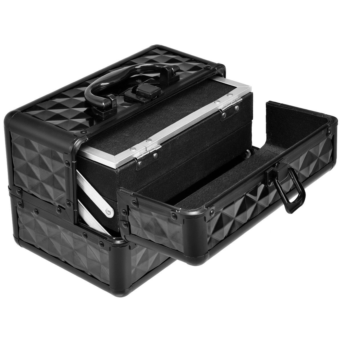 Cosmetics Case Makeup Box Organizer w/ Extendable Trays & Mirror Blac
