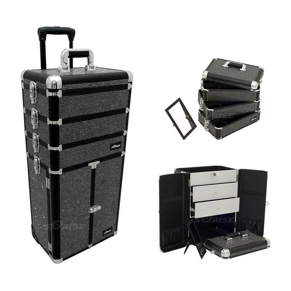 Professional Rolling Aluminum Cosmetic Makeup Case with Large Drawers & Stackable Trays with Dividers, Black Krystal