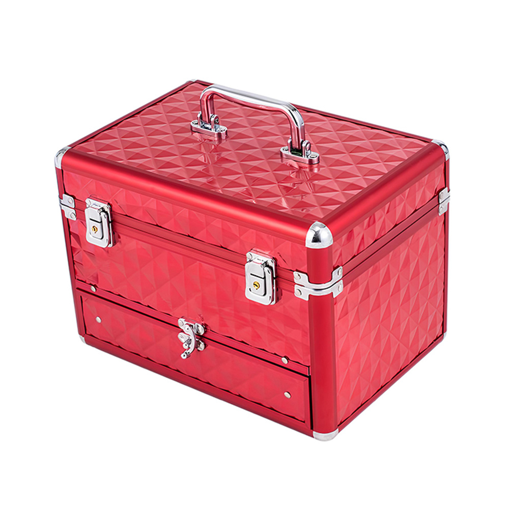 Lockable Aluminum Makeup Travel Case for Travel, Professional Cosmetic Storage Box Red