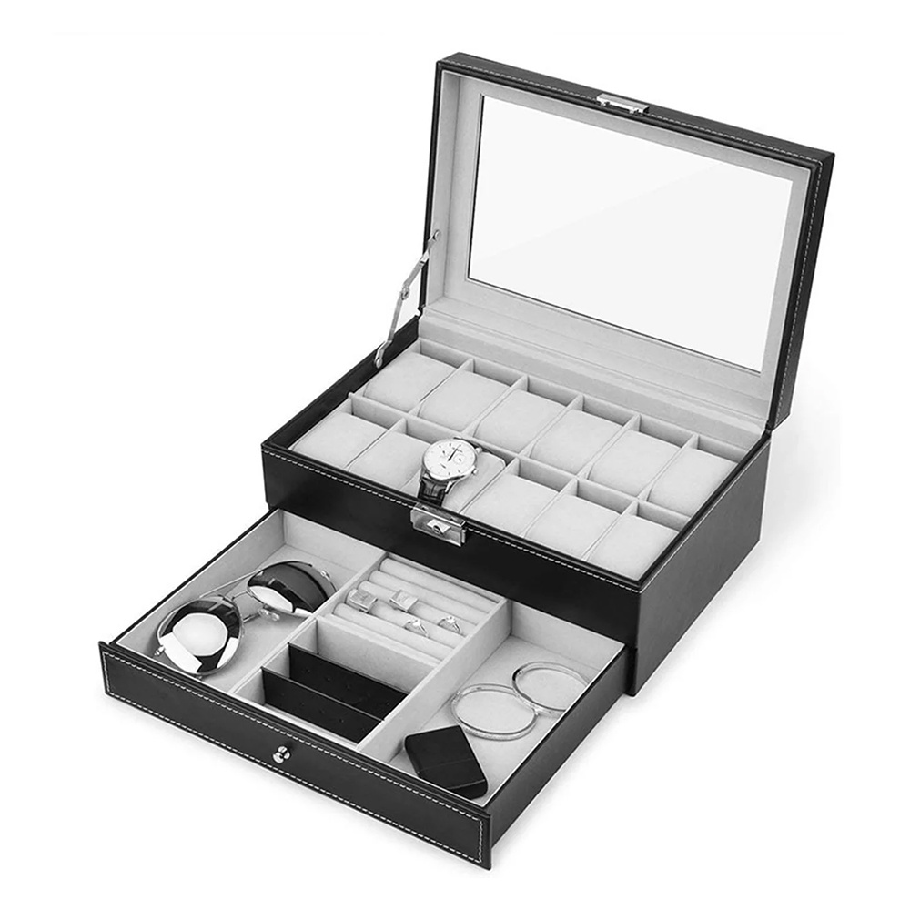 Watch Box Watch Cases Jewelry Organizer for Men 12 Slot Lockable PU Leather Glass Lid Jewelry