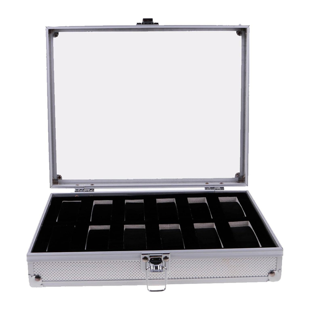 Storage Case Aluminum Briefcase Display Organizer with Metal Lock Silver, 12 Slots