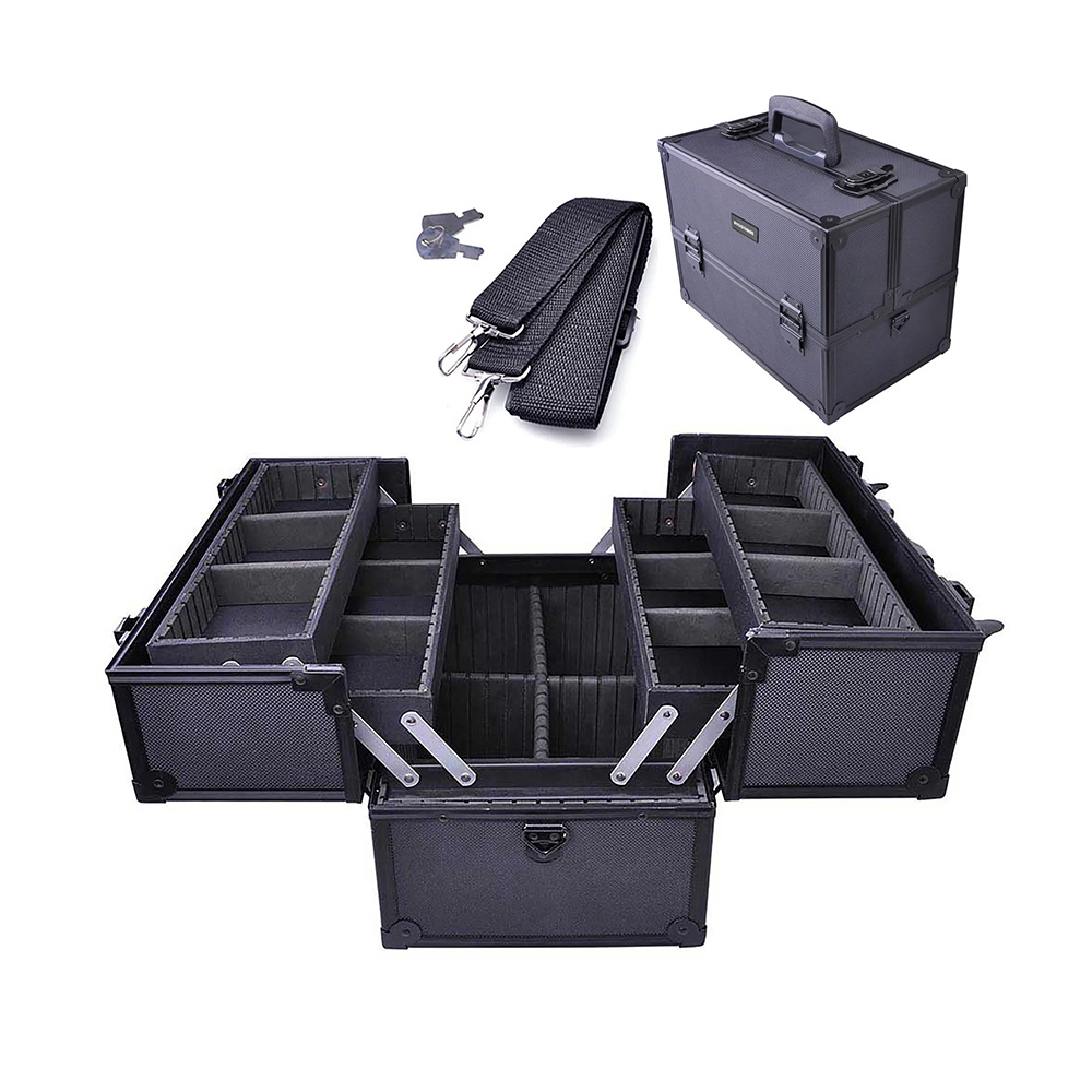 Portable Aluminum Makeup Case with EVA Splitter Plate Lockable Cosmetic Train Organizer Black
