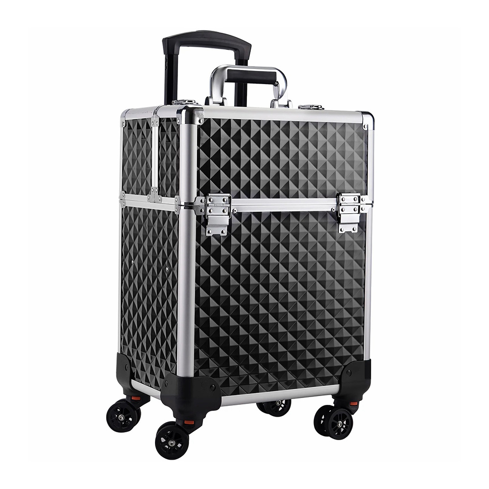 Rolling Makeup Train Case Professional Cosmetic Trolley 4 Trays & 1 Cubby with Sliding Rail