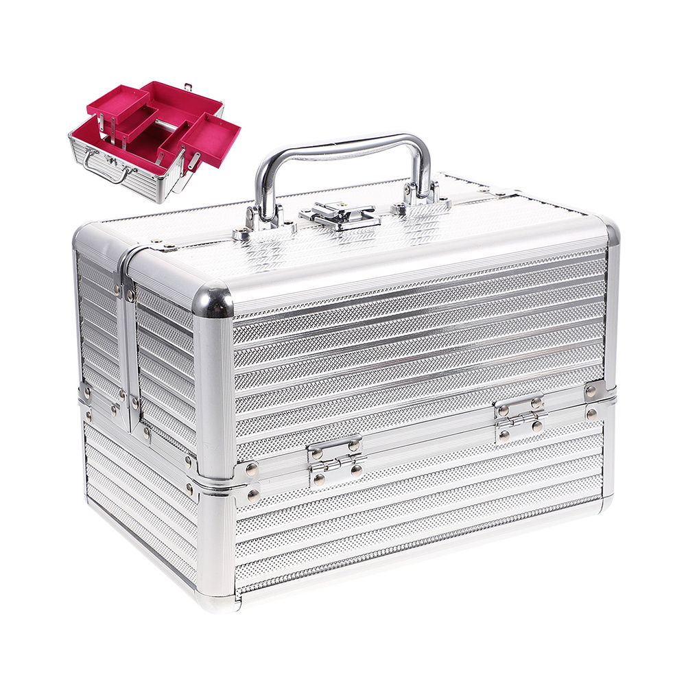 Handled Makeup Case Aluminum Alloy Cosmetic Box Organizer Container (Silver Bar)