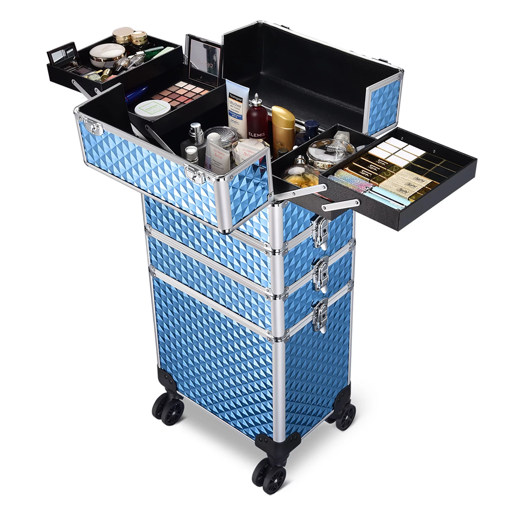 Sky Blue Rolling Makeup Case 4in1 Cosmetic Trolley Organizer Lockable
