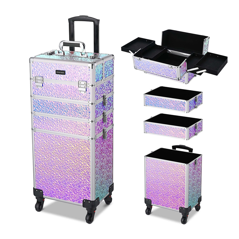 Rolling Makeup Train Case 4in1 Cosmetic Trolley Organizer Travel Case with Detachable Removable Wheels for Makeup Artist