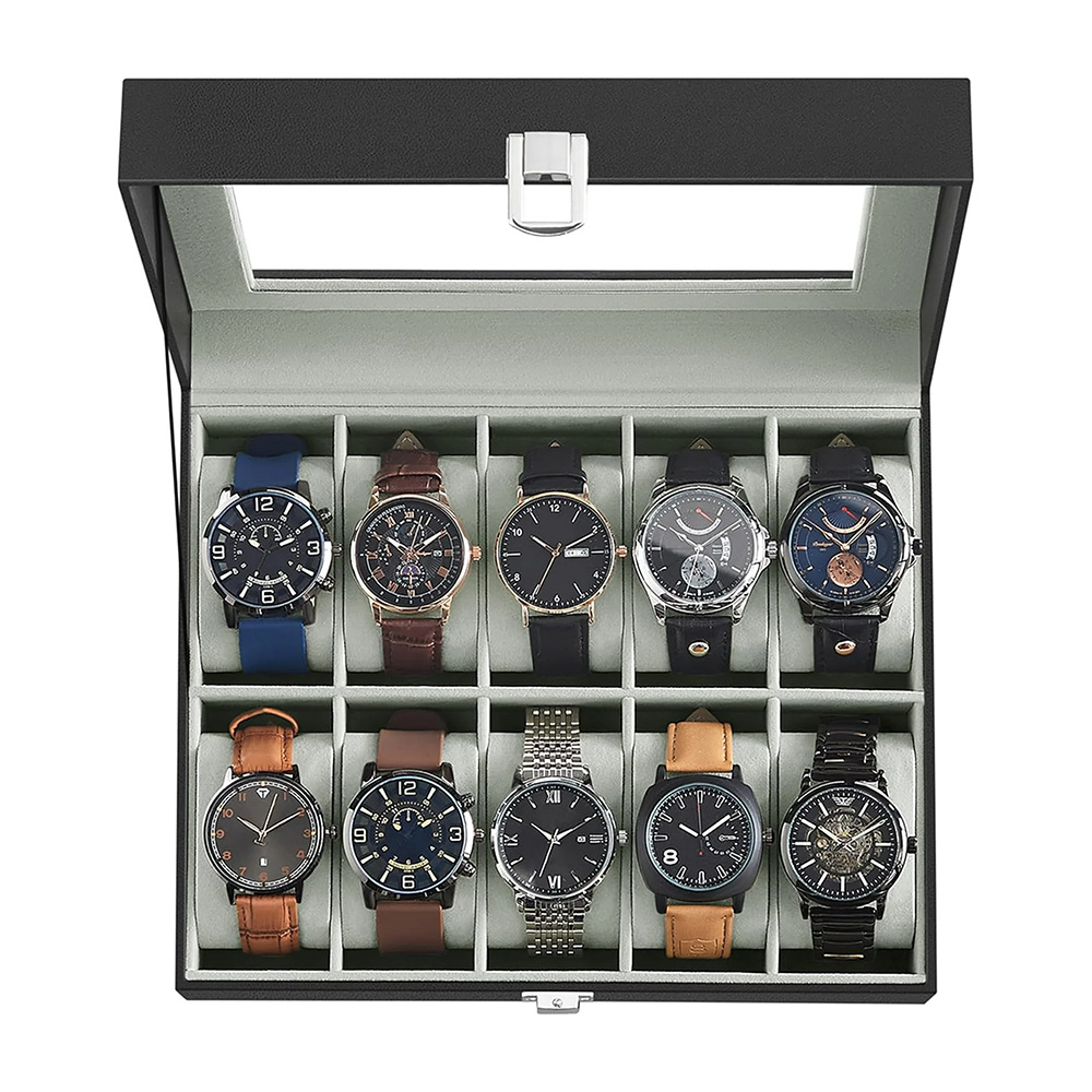 10-Slot Watch Box Display Storage Case Watch Holder for Men Watch Organizer with Large Glass Lid Black Synthetic Leather Black Lining