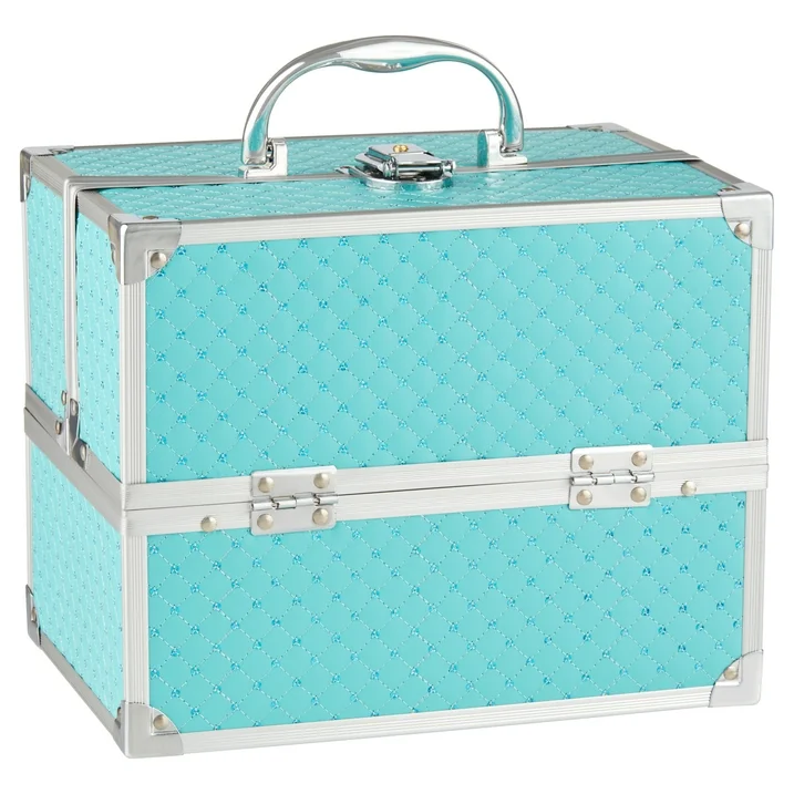 Makeup Train Case Cosmetics Organizer, 4 Trays, Teal Color Specifications：