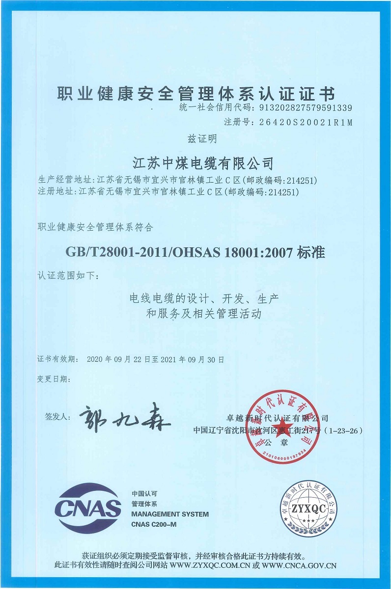 Certificate of occupational health and safety management system