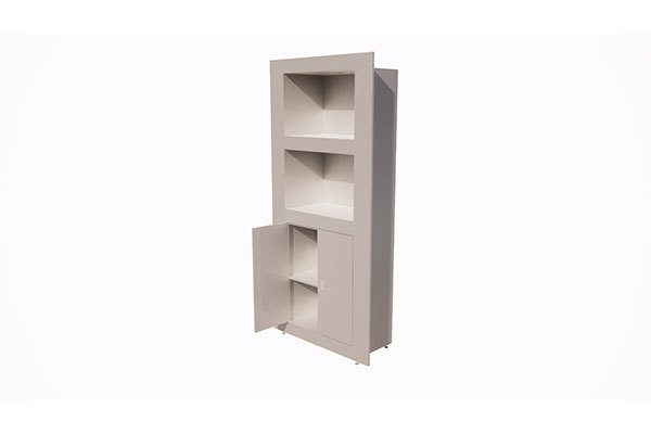 Multi-functional storage cabinet with cabinet door under upper open cabinet of racing car P room