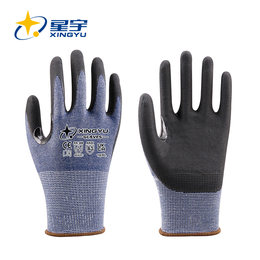 15G HPPE+Spandex+Nylon+Glass fiber Liner Nitrile microfoam Coated Gloves, EN388 4X42C,ANSI CUT A3,