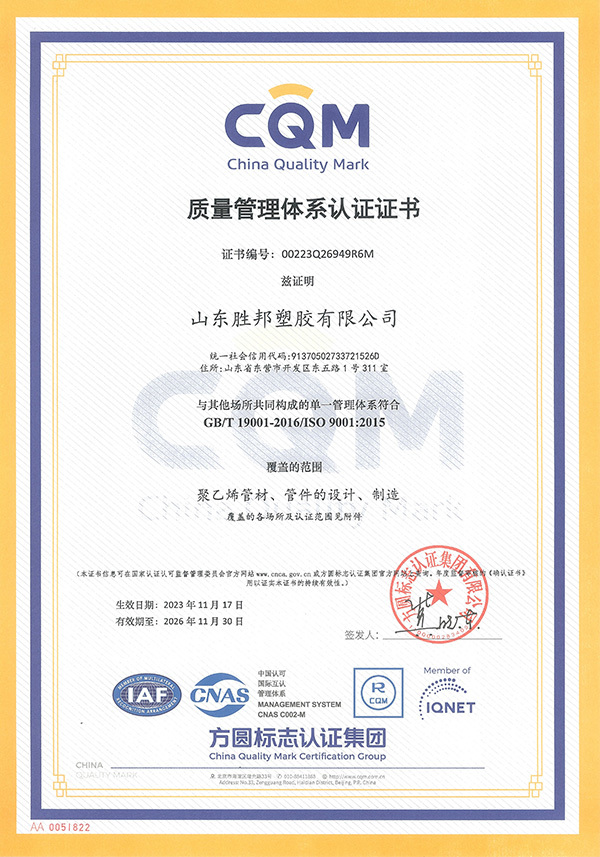 Quality Management System Certification Certificate