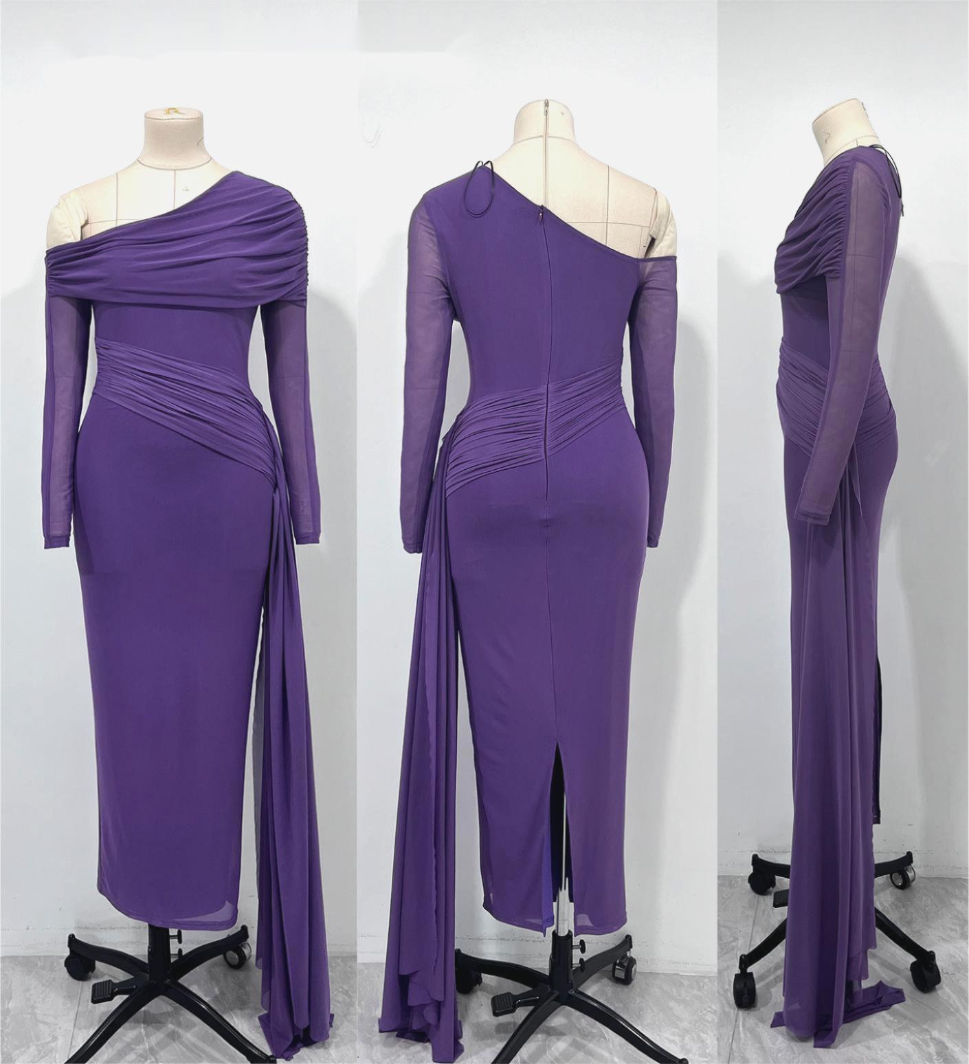 Mesh sloping shoulder dress with trailing light dress