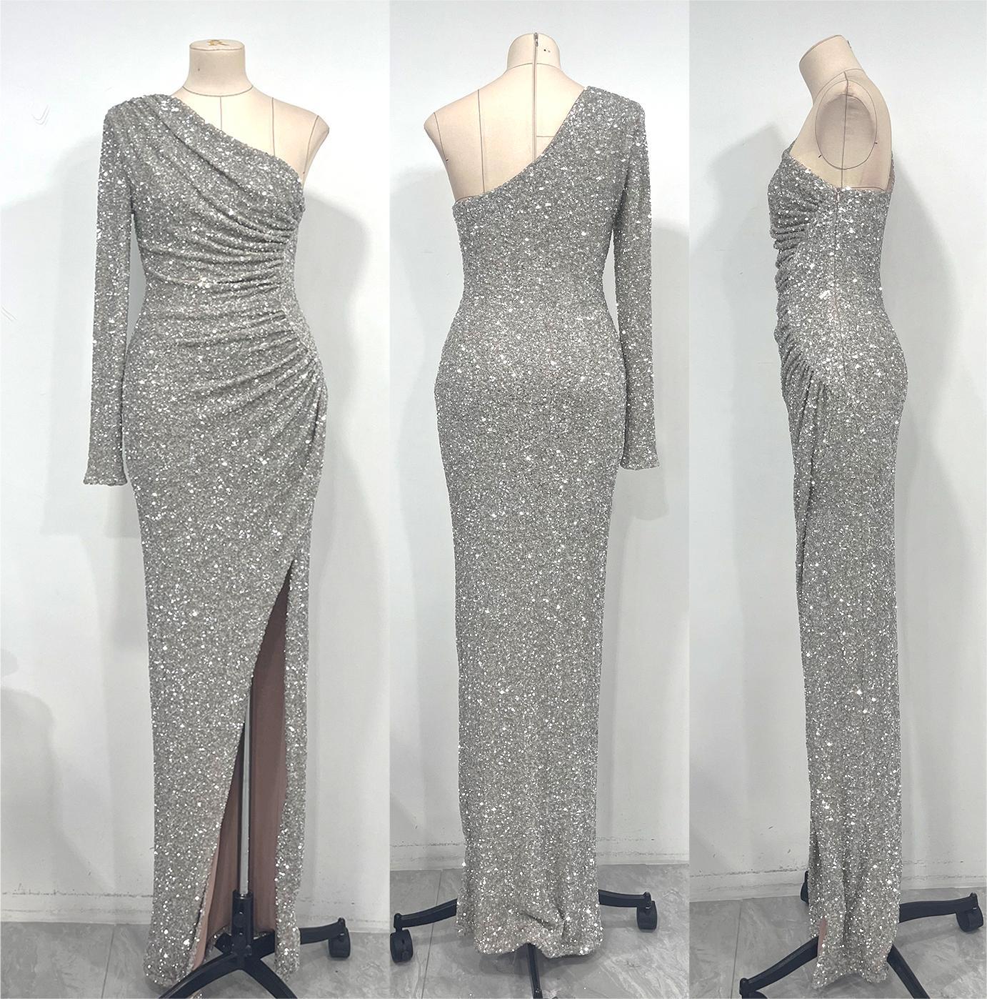 Sequin diagonal shoulder dress, high slit dress