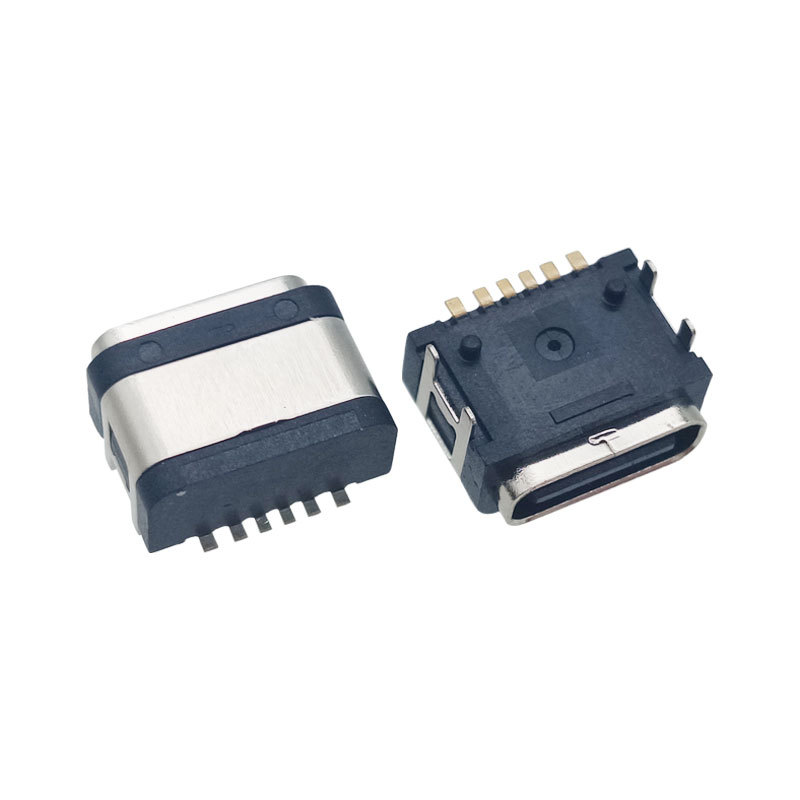 IPX6 Waterproof SMD USB Type C 6 Pin SMT Socket with Waterproof Ring Horizontal USB 2.0 Charging Port Female Connector