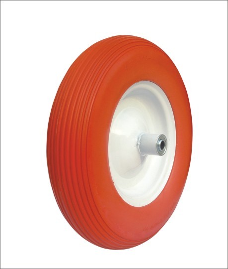 (16ʺ×4.00-8)PU wear resistant wheels with red and white striped patterns.